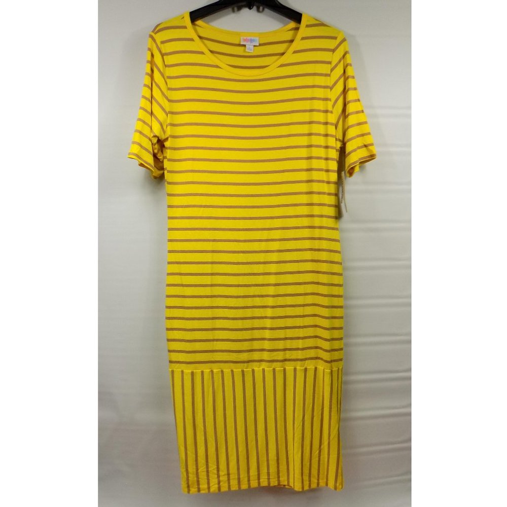 LuLaRoe Julia Yellow & Tan Striped Dress Sz L NWT